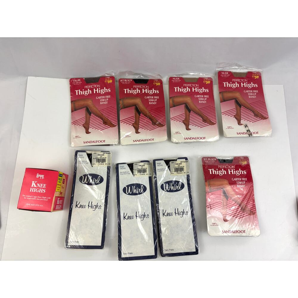 Lot of 9 Vintage Stockings Thigh Highs & Knee Highs, Multiple Colors Size 8.5-11